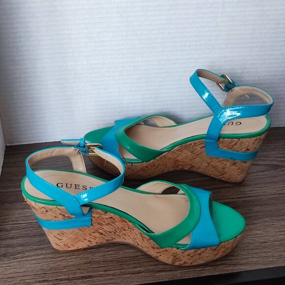 Guess wedge heel sandals blue & green cork sole women's size 8 ? - Picture 2 of 11